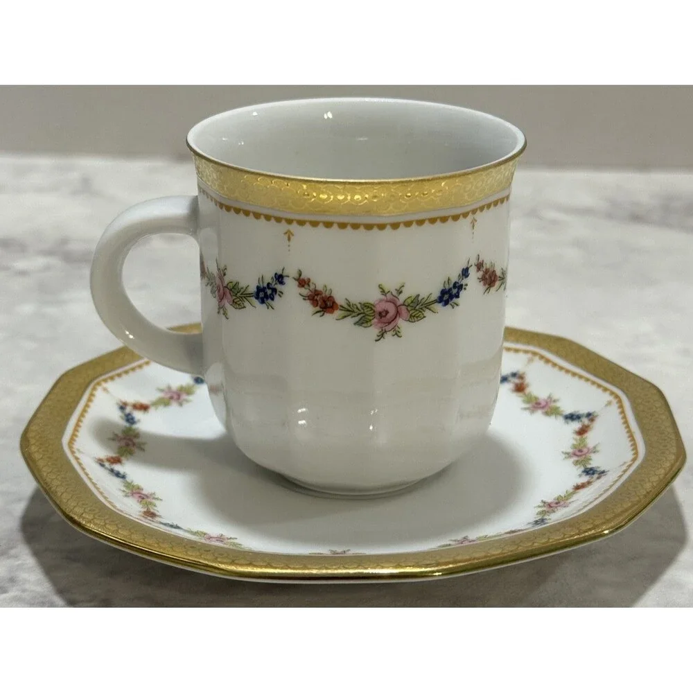 Tirschenreuth Bavaria Germany Porcelain Demitasse Cup Saucer Set 12 Sided Floral